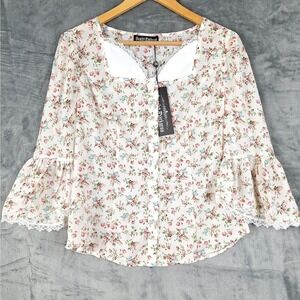 Womens Top Medium Romantic Floral‎ Lace Fairy Cottagecore Feminine Bell Sleeve